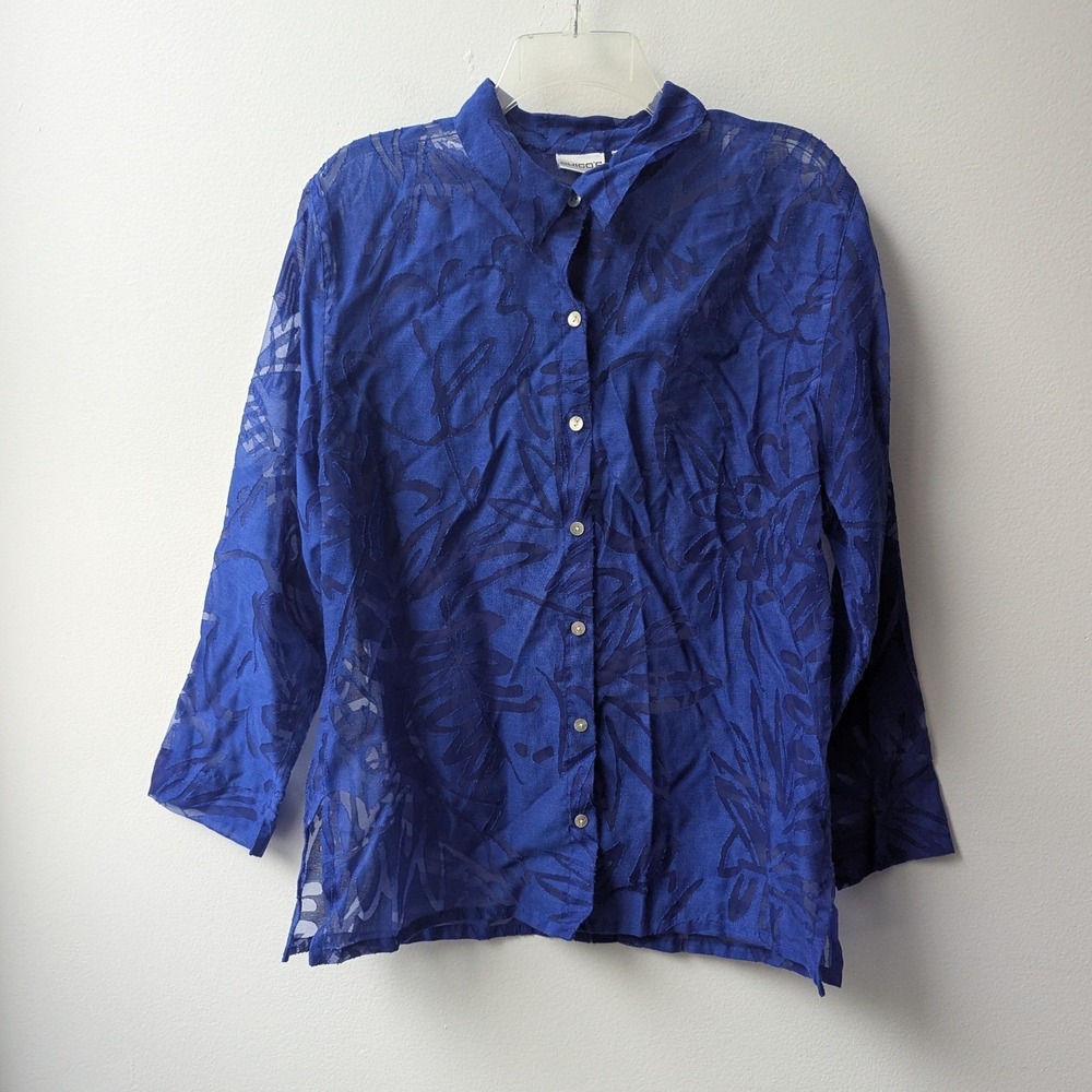 Chico's Button Up Royal Blue Burnout Tropical Leaf Linen Blend Blouse Top Sz L